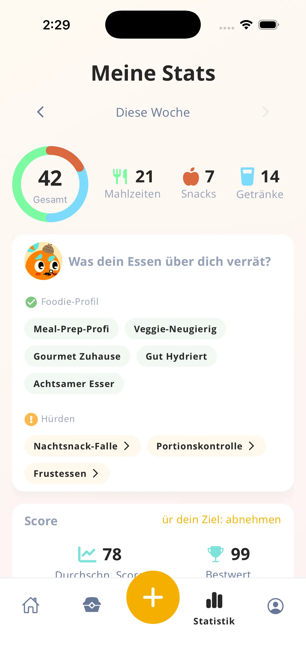 Weekly eating pattern stats in Mango Bites