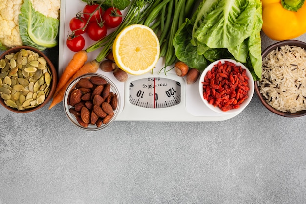 Weekend brunch table with food drinks and scale on side
